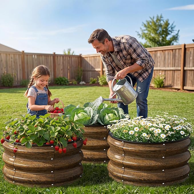 Kesfitt Round Metal Raised Garden Bed 2x2x1 FT 12-Inch Deep Galvanized Steel Garden Bed with Open Bottom for Vegetables &amp Herbs Walnut Finish 3 Pack
