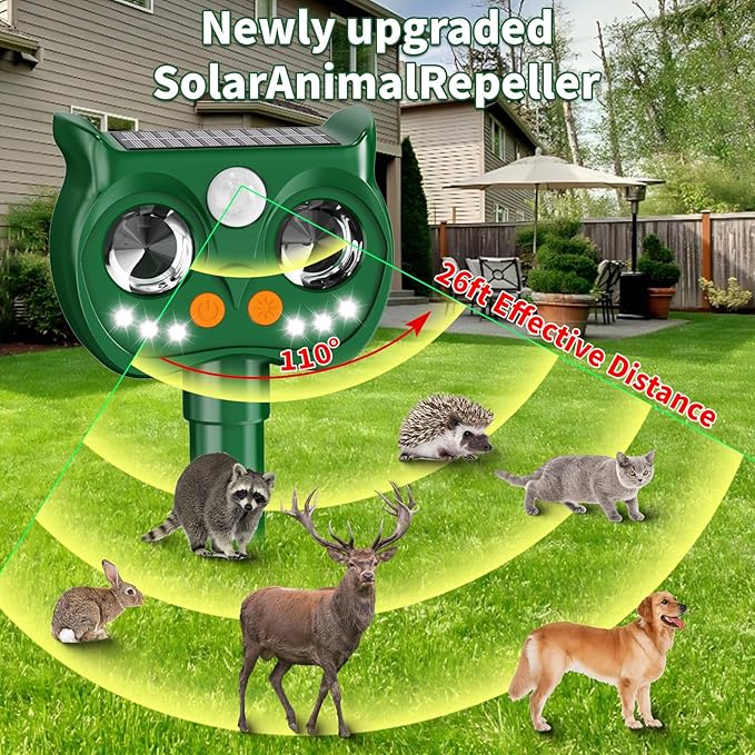 2 Pack 2026 Upgraded Solar Ultrasonic Animal Repellent Outdoor – Motion Activated Deer Squirrel Cat Raccoon Dog &amp Bird Deterrent with Multi-Frequency LED Strobe &amp Ultrasonic Sweep for Yard