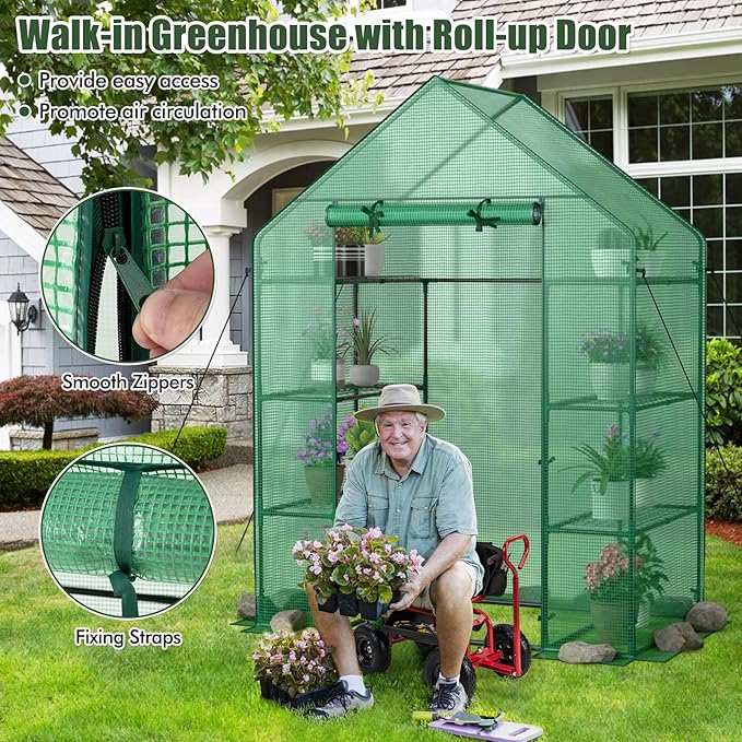 Walk-in Greenhouse Portable Plant Garden House with 4 Tier 8 Shelves &amp Zippered Roll Up Door Mini Growing House for Indoor Outdoor Garden Patio Backyard