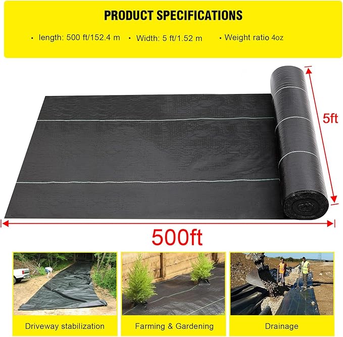 Driveway Fabric - 5x500 ft Heavy Duty 4OZ French Drain Fabric for Erosion Control &amp Landscape Weed Barrier