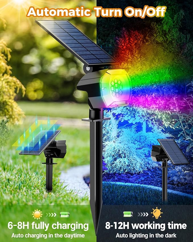 btfarm Solar Lights Outdoor Waterproof IP65-2 Pack LED Color Changing Spot Light 7 Lighting Color RGB Powered Spotlights Uplight for Yard Tree Landscape Garden Christmas Halloween
