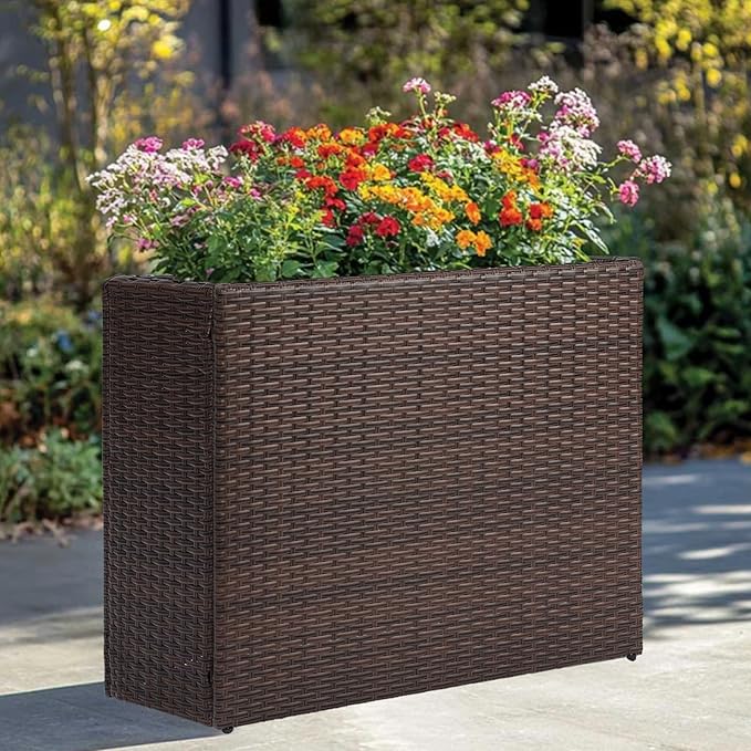 LEWIS&ampWAYNE Large Rectangular Block Planter Box Handmade Wicker Tall Planters for Outdoor Plants with Removable Liners Modern Planter for Indoor Outdoor Patio Deck - Brown 38''x11''x30''