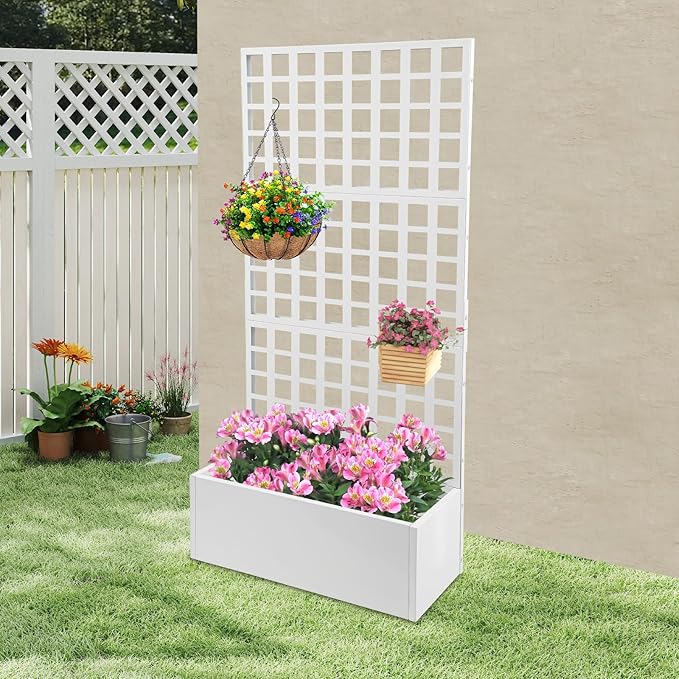 Metal Planter with Trellis Planter Box with with Privacy Screen Outdoor Raised Garden Bed for Climbing Plants Vegetable Vines (White)