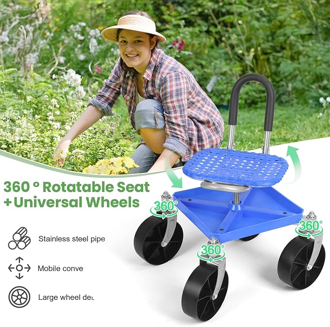 Gardening Rolling Seat Garden Seat with Wheels Height Adjustable Rolling Garden Cart 360 Degree Swivel Gardening Stool with Tool Tray for Gardeners Elderly Seniors Loading Capacity 150kg (Blue)