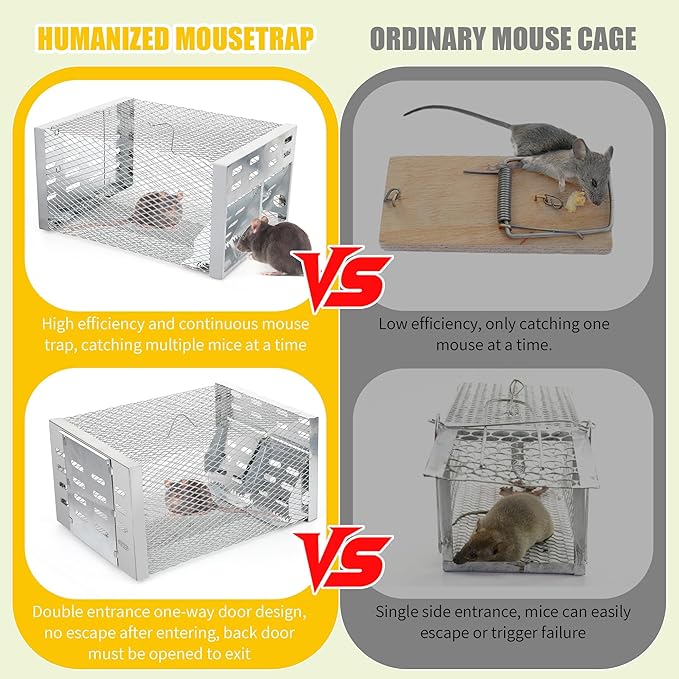 Humane Rodent Trap for Indoor &amp Outdoor Use - Automatic Multi-Catch Metal Cage with Double One-Way Doors Reusable Safe Trap for Mice Chipmunks &amp Small Animals (Grey)