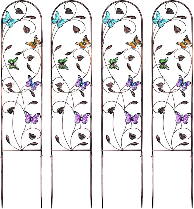 aboxoo Set of 4 Packs Butterfly Metal Garden Trellis for Climbing PlantsOutdoor Decorative Flowers Arch Fence Trellis for Outdoor PatioGardenLawnYardBackyardWall Brackets60'' H x 11'' W