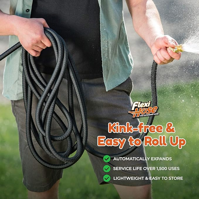 Flexi Hose Lightweight Expandable Garden Hose 50FT - Retractable Garden Hose Water Hose - No-Kink Flexibility 3/4 Inch Solid Brass Fittings and Double Latex Core