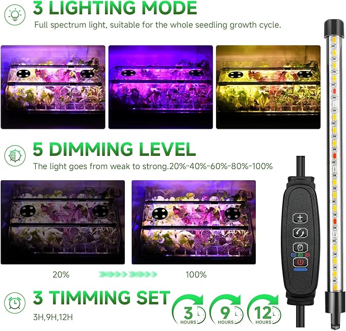 Self-Watering Seed Starter Tray with Grow Lights 60 Cells Seed Starter Kit Full Spectrum Grow Light for Seed Starting Timing Set Germination Tray Grow Kits with High Humidity Domes