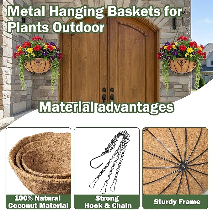 4 Pack 8 Inch Hanging Baskets for Plants Outdoor Metal Hanging Planter Basket with Coco Coir Liner Hanging Flower Baskets for Garden Patio(Modern)
