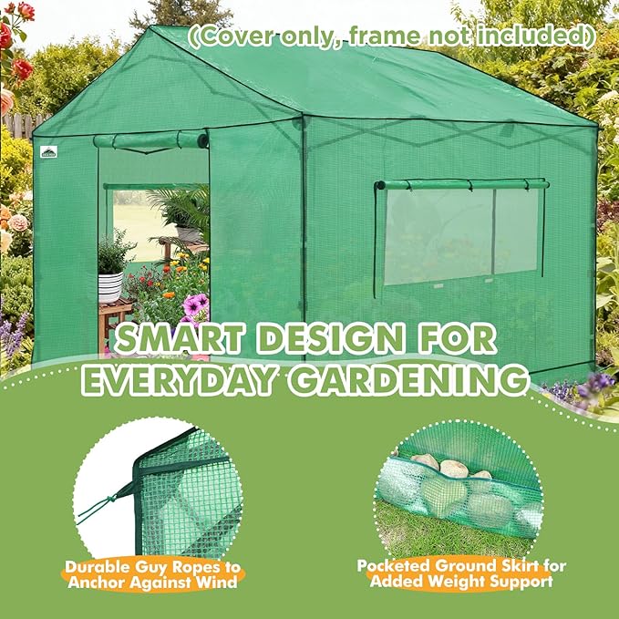 EAGLE PEAK Replacement Cover for 10x10 Gable Roof Pop up Greenhouse Front and Rear Roll-Up Zipper Entry Doors and 2 Large Roll-Up Side Windows (Frame Not Included) Green