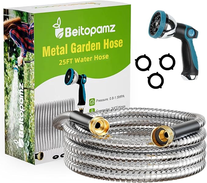 Garden Hose 25 ft Stainless Steel Metal Water Hose with Nozzle Flexible and Durable Rust Proof No-Kink Heavy Duty Leakproof 3/4'' Brass Fittings Lightweight Hose for Patio Lawn