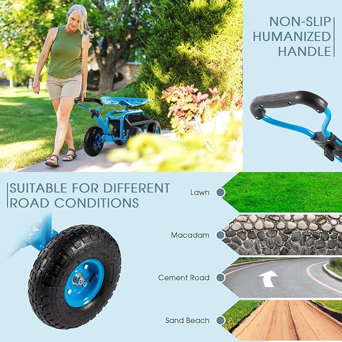Rolling Garden Cart with Workseat - Heavy Duty Scooter with Handle and Storage Gardening Stool 360 Degree Swivel Seat for Seniors Garden Cart on WheelBlue