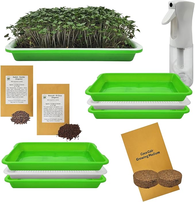 Complete Home Microgreens Kit - Organic Indoor Garden System - Includes 2 Sets of Reusable Trays Premium Spray Mister Coco Coir Growing Medium 2 Packs Organic Seeds – Radish and Broccoli