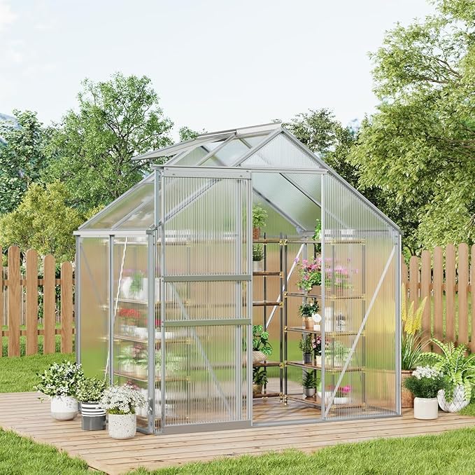 GarveeHome 6x4FT Greenhouse Small Walk-in Polycarbonate Greenhouse with Adjustable Vent Window Sliding Door Portable Green House Kit for Outdoors Winter