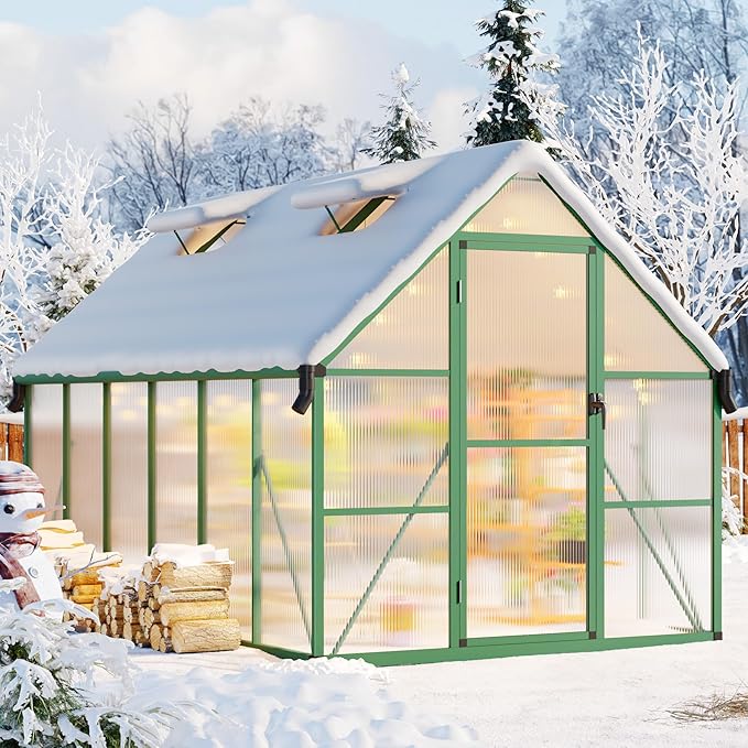 CABIHOME 8x12 FT Outdoor Greenhouse Polycarbonate Greenhouse with Roof Vent and Ground Nails Aluminum Large Walk-in Green House w/ Lockable Push Door for Outside Garden Backyard (Green 8x12 FT)