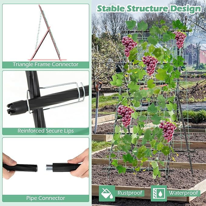 Happygrill Trellis for Climbing Plants Outdoor Cucumber Trellis w/PE-Coated Frame Trellis Net Fixing Clips Zip Ties A-Frame Sturdy Metal Plant Support for Tomato Grape Clematis