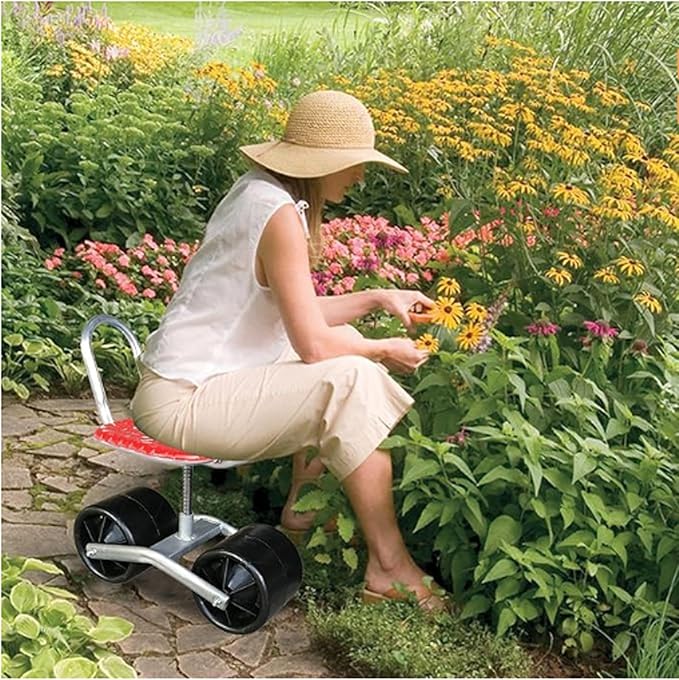 Rolling Garden Stool with Backrest Height Adjustable Mobile Work Seat with Wheels for Greenhouse Work Woven Seat (lialunA1-2)