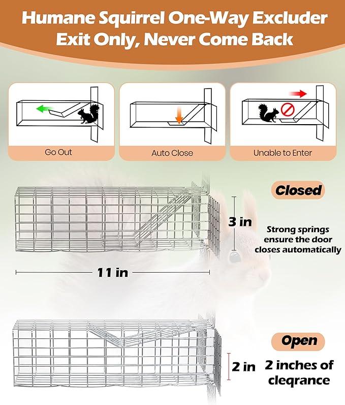 One Way Squirrel Door Excluder 11 × 3 × 3inch Humane Squirrel Trap Rodents Excluder for attic roof Includes Full Installation Kit with Screws Pressure Plate Cable tie &amp Copper mesh