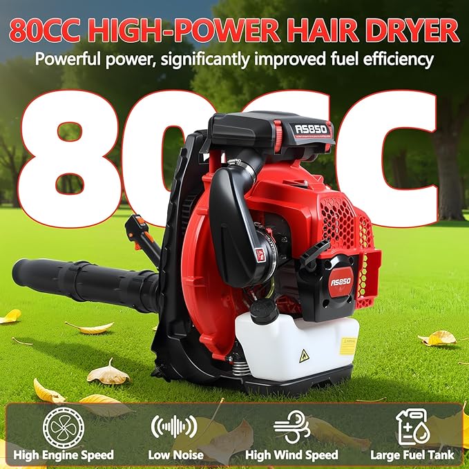 Backpack Leaf Blower 80CC 2-Stroke Gas Powered Leaf Blower with 900CFM/92.2m/s 3.5kw Professional Backpack Blower for Large Gardens Heavy Duty Red