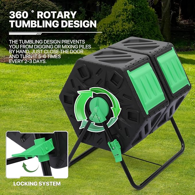 MoNiBloom 34 Gallon Compost Bins Outdoor Dual Chamber Composter Tumbler All-Season Fast Working Tumbling Composter High Volume Composter with 2 Sliding Doors
