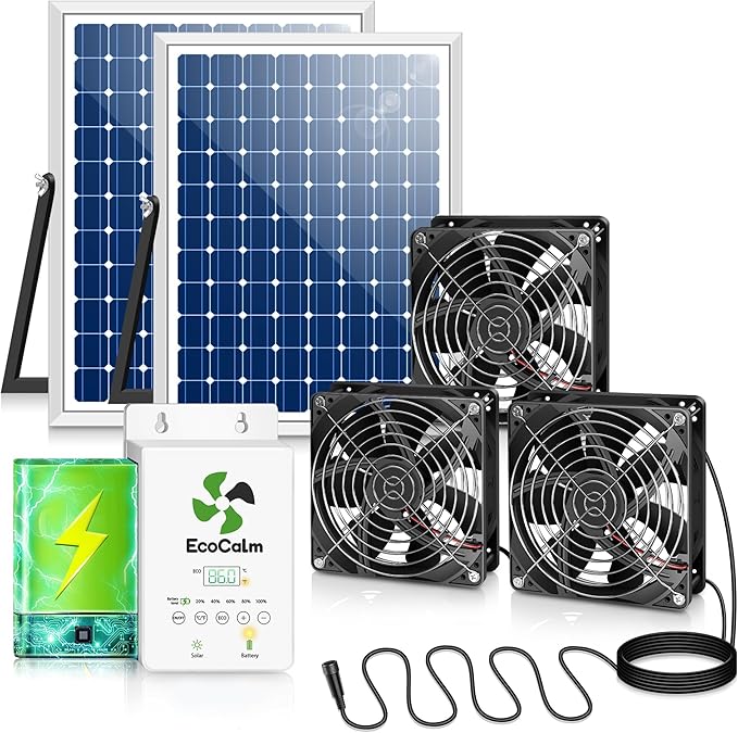 Solar Exhaust Fan for Greenhouse with Battery and Adjustable Thermostat Solar Powered Fan with 2PCS 20W Bifacial Solar Panel &amp Triple 5.5 Fans Kits