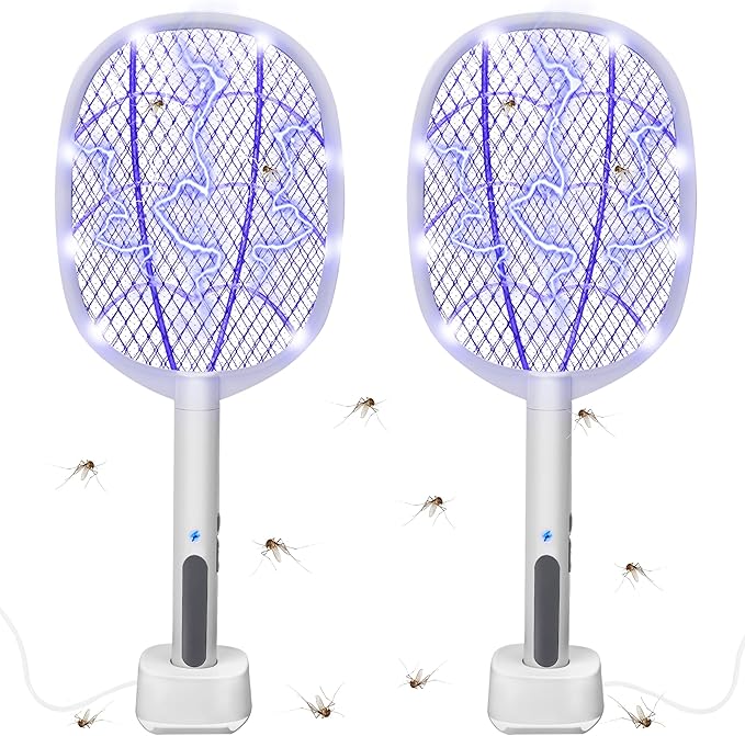Electric Fly Swatter Rackets 2-in-1 Handhold Bug Zapper with 3000V High Voltage Plug-in Mosquito Killer Insect Light Trap with 3 Layer Safety Mesh Portable for Indoor Outdoor Use (2)