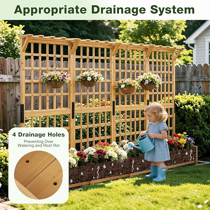 Aoxun 108 Raised Garden Bed with Trellis Wood Planter Container with Hanging Roof &amp Garden Boxes for Climbing Plants Flowers Vine (3 piece)