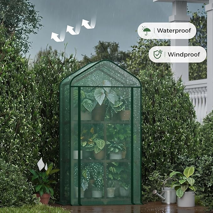 Bamworld 22 Lx16 Wx66 H Mini Greenhouse for Indoor Outdoor Small Green Houses with 3-Tier Plant Shelves Portable with Green PE Cover for Garden and Backyards Ideal Gardening Gifts for Lovers