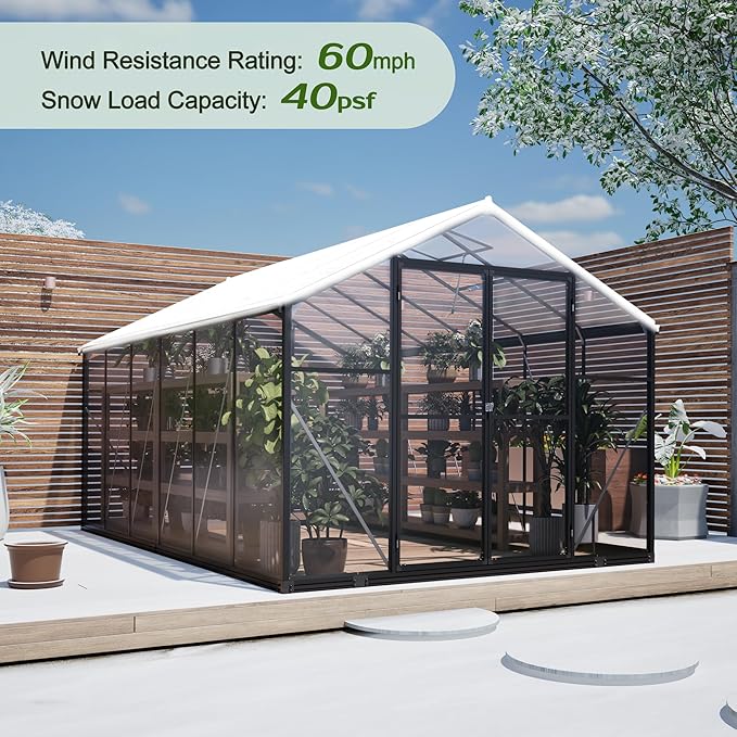 8.4x12.5 FT Greenhouse for OutdoorsPolycarbonate Greenhouse with 2 Swing Doors Large Winter Proof Walk-in Green House Aluminum Frame greenhouses for Outdoors Heavy DutyBlack