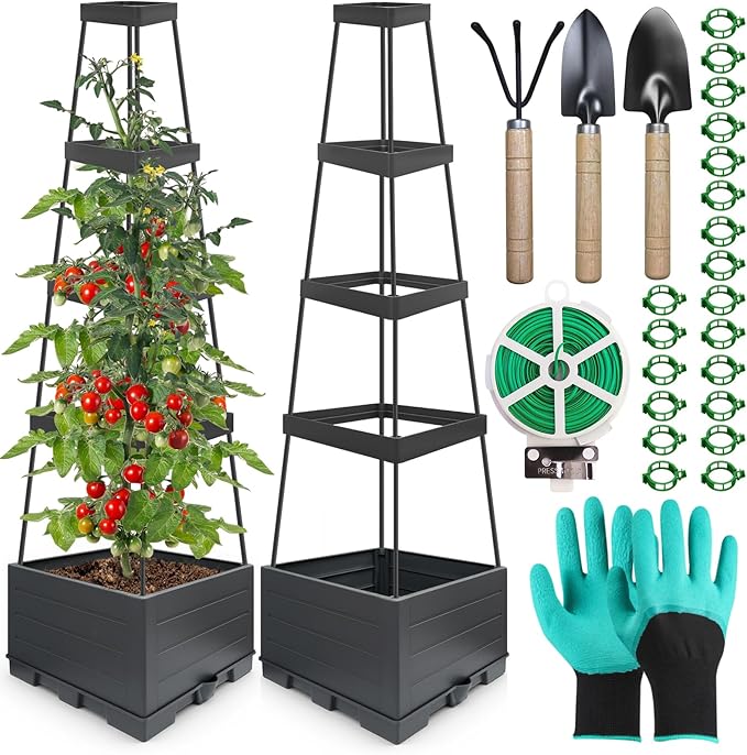 2Pack Raised Garden Bed Tomato Planter Box with Trellis Outdoor Tomato Cage Trellis for Garden Climbing Plants Outdoor Indoor 57 Self Watering Raised Beds for Gardening Tomatoes Vegetable Growing