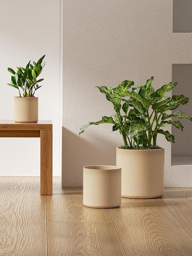 LE TAUCI Ceramic Pots for Plants 10/8/6 Inch Indoor Planters with Draiange Hole Silicone Plug &amp Mesh Pad Modern Minimalist Pots for Home Office Set of 3 Glossy Sand Beige