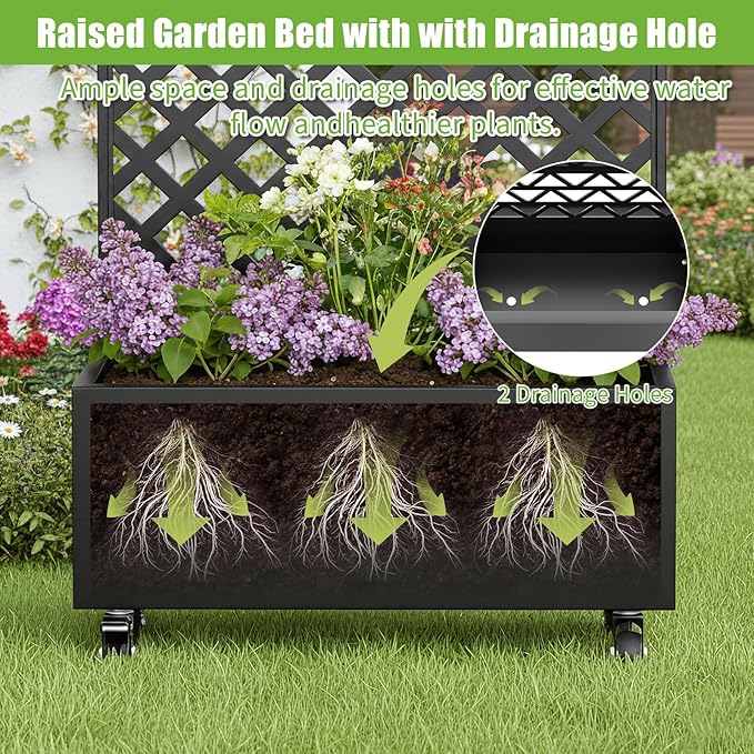 72 Planter Box with Trellis &amp Wheels Planter Boxes Outdoor with Drainage Hole for Climbing Plants Raised Planter with Privacy Screen Black