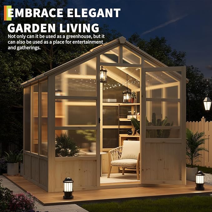 Wooden Greenhouse for Outdoors 8x6FT Greenhouse with Lockable Door Wood Frame &amp Adjustable Vent for Outside Garden Yard Light Brown