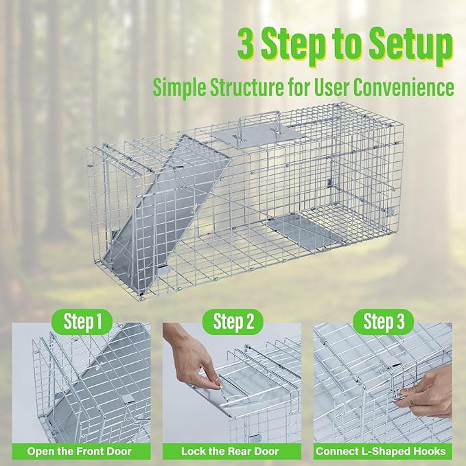 Humane Way Folding 32 Inch Live Humane Animal Trap - Safe Traps for All Animals - Raccoons Cats Groundhogs Opossums - 32 L x 10.2 W x 12.2 H