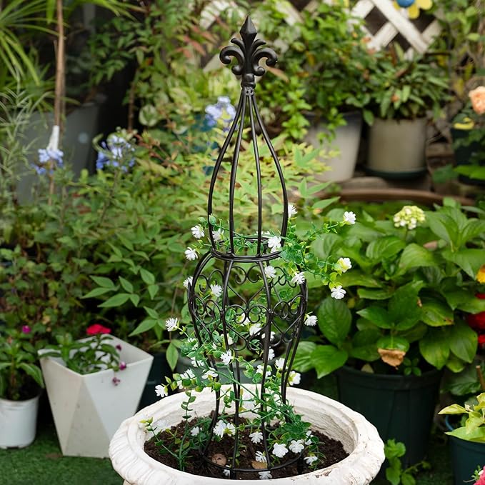 Obelisk Metal Garden Trellis for Climbing Plants - 29.5 in by 6.3 in Durable Iron Structure Easy Assembly Perfect for Potted Vines &amp Roses - Modern Vertical Gardening Support