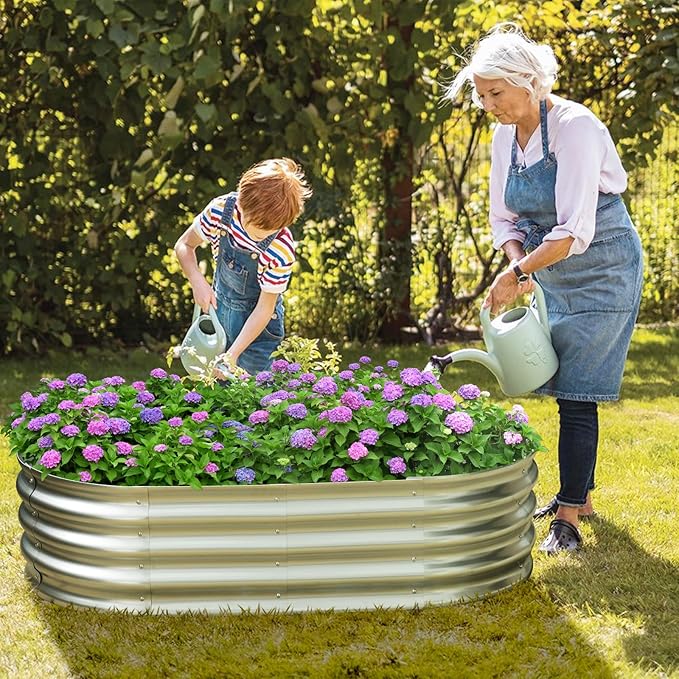 HGD Galvanized Raised Garden Bed for Outdoor: 4X2X1ft Durable Metal Vegetable Plant Container Kit - Oval Planter Box for Gardening Flower Trough