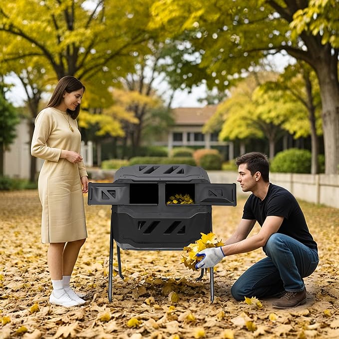 JupiterForce 43 Gallon Compost Bin Outdoor Dual Chamber Composter Tumbler 360° Rotating Tumbling Composter with 2 Sliding Doors for Kitchen Garden and Yard Waste Black (BPA Free)