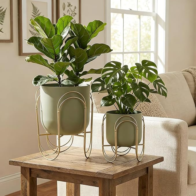 JHY DESIGN Set of 2 Planters with Stand Indoor Outdoor Metal Plant Stand 11.5/8 H Modern Planters Flower Pots for Living Room Corner Kitchen Office Garden Balcony Patio Decor(Green)