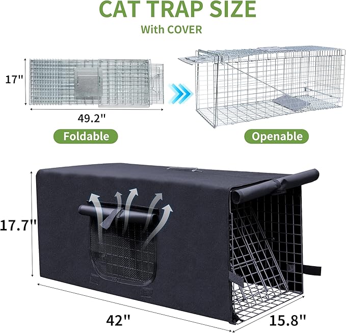 Live Animal Trap Cage with Cover Cat Trap for Stray Cats 42 Inch Heavy Duty Folding Skunk Traps with Real Door for Raccoons Opossums Groundhogs Skunks Feral Cats Squirrels