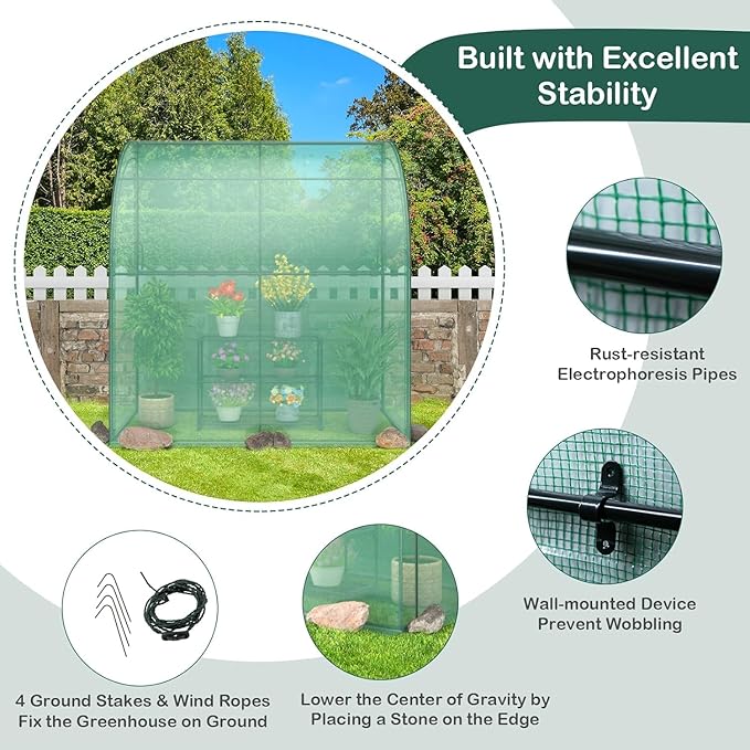 Happygrill Greenhouse Lean to Greenhouse with 3 Tiers Flower Rack Weatherproof PE Cover &amp Roll-up Zipper Doors Greenhouses for Outdoors Garden Backyard Balcony