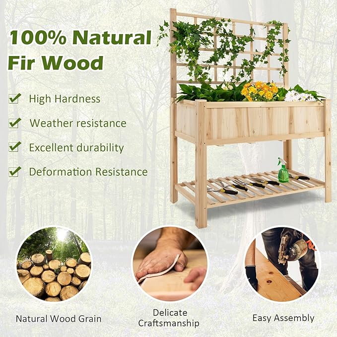 Giantex Wood Planter with Trellis Standing Raised Garden Bed Liner Storage Shelf Elevated Plant Box Stand for Climbing Flower Vegetable Herb Indoor Outdoor Patio Lawn Balcony