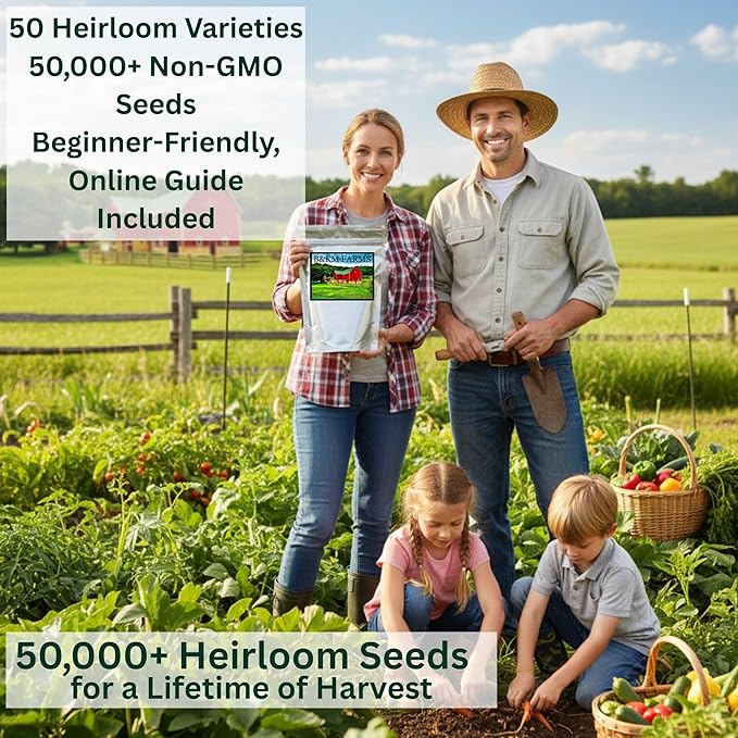 B&ampKM Farms 50000+ Heirloom Seed Kit – 50 Varieties of Non-GMO Vegetable Fruit &amp Herb Seeds for Home Gardening – High Germination Hand-Packed Weather-Resistant Packaging