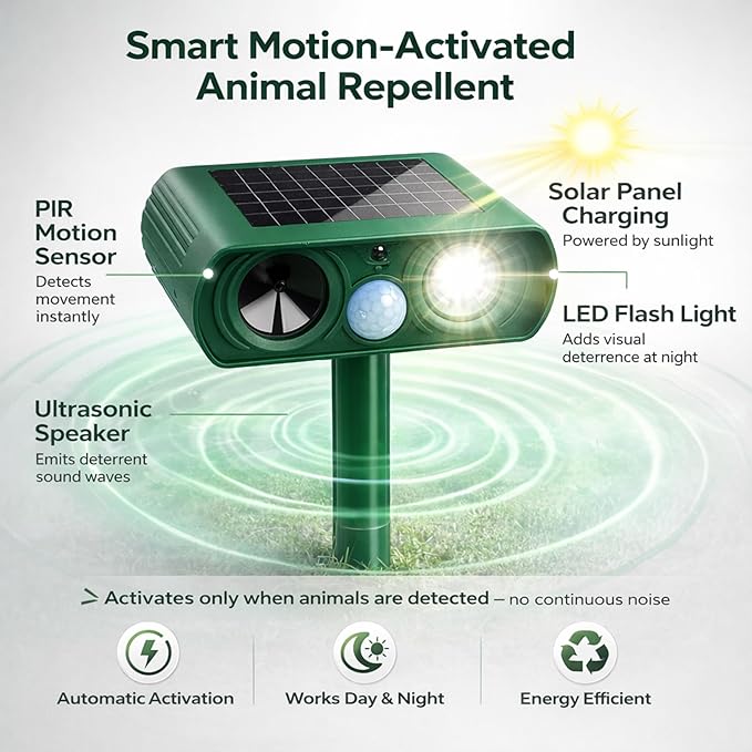 Solar Powered Animal Repellent Motion Sensor for Gardens - Ultrasonic Outdoor Animal Repeller with Adjustable Frequency &amp Waterproof Design - Deer Repellent Devices Protect Yard from Damage