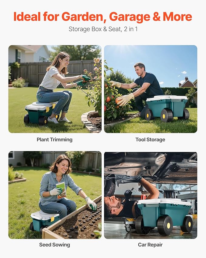 VEVOR Garden Scooter with Seat 2 in 1 Rolling Garden Cart with Storage Bin Supports up to 227 lbs Outdoor Wagon with Handle Lightweight Storage Gardening Stool for Yard Weeding Planting