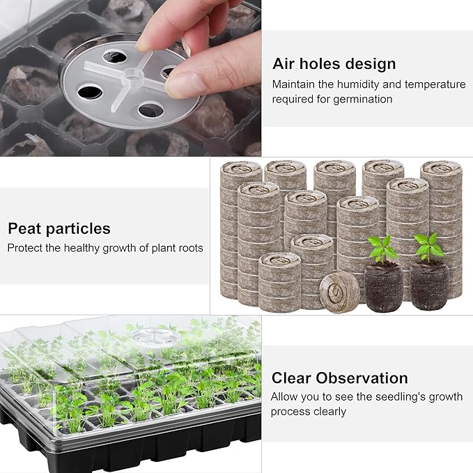 3 Pack Seed Starter Tray Kit 120-Cells Germination Starter Tray with Humidity Dome and Base Including 120 Peat Pellets Plant Labels Tool Plastic Plant Growing Tray for Garden Planting Black