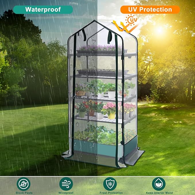 5 Tier Mini Greenhouse for Indoor Outdoor Portable Green House with Durable PVC Cover and Shelves for Seedling Heavy Duty Greenhouse with Waterproof Mat and Cover Tape Gardening Gifts for Women Men