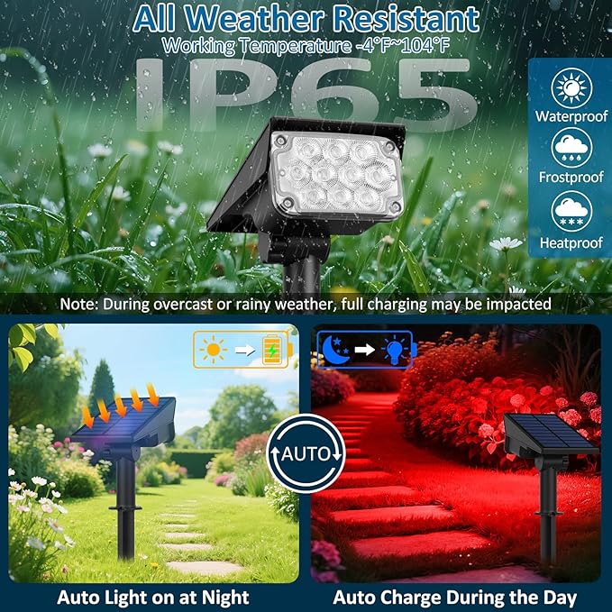 T-SUNUS Halloween Solar Spot Lights Red IP65 Waterproof Green Landscape Spotlights Solar Powered Wall Lights Dark Sensing Auto On/Off 2 Modes Outdoor Garden Lights for Yard Porch 6 Pack