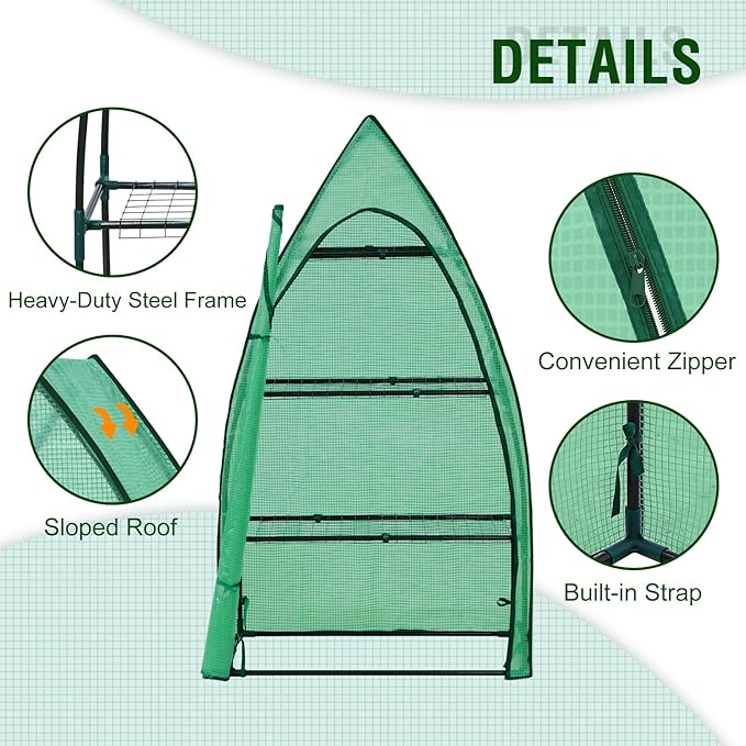 EAGLE PEAK 4-Tier Mini Greenhouse Portable Green House with Shelves &amp Weather-Resistant PE Cover Small Greenhouse for Seedlings &amp Gardening Gifts 35x18x63 in Clear/Green
