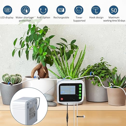 SoulBay Automatic Plant Waterer Indoor Self Watering System for 15 Potted Plants USB Rechargeable Drip Irrigation Kit with Programmable Water Timer LCD Display for Vacation Garden