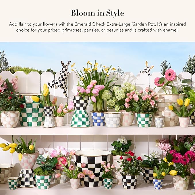 MACKENZIE-CHILDS Enamel Garden Pot Decorative Pot for Plants Outdoor Flowerpot Decor Extra Large Green-and-White Emerald Check
